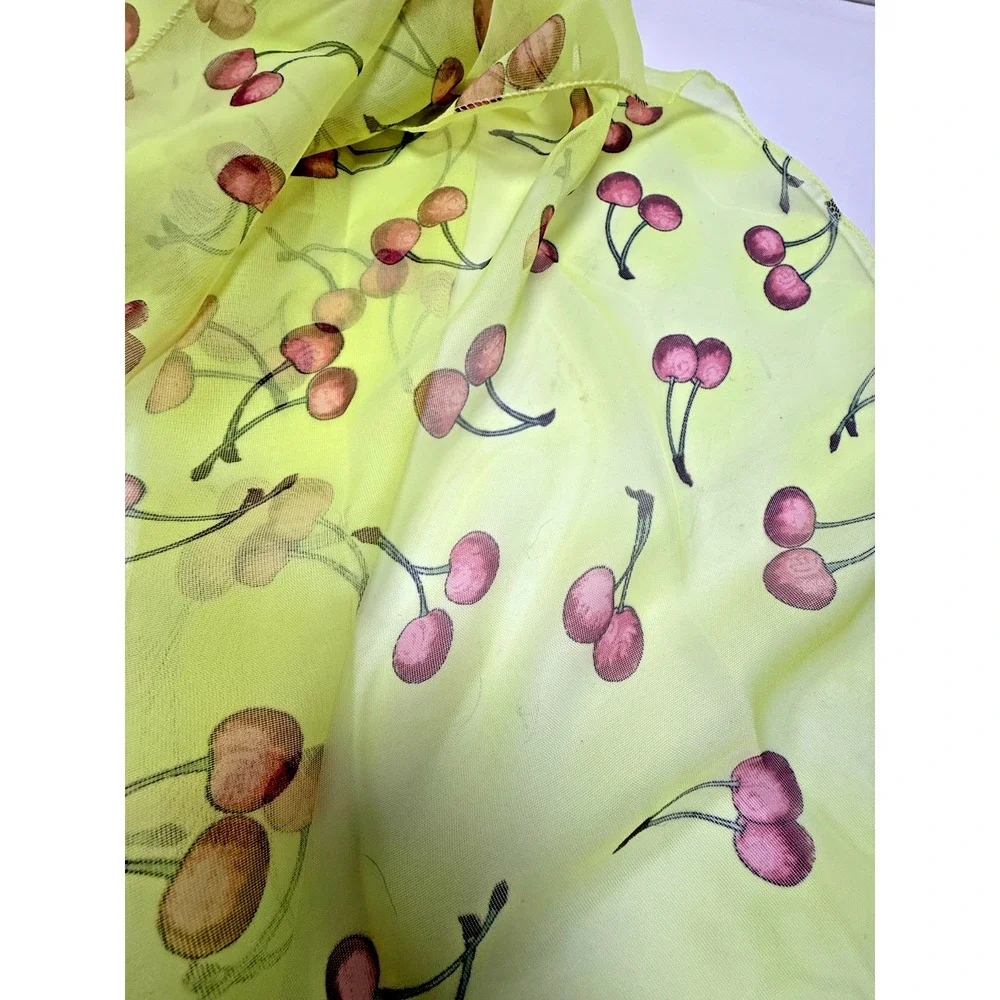 Sheer Cherry Print Scarf Yellow Fruit Novelty Y2K Retro Lightweight Wrap Scarf